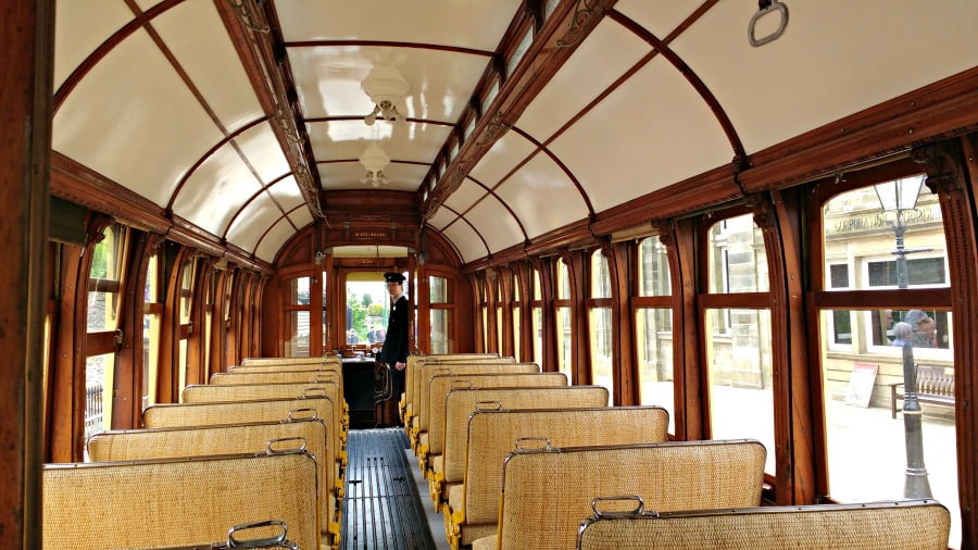 Inside a tram at Crich Tramway Village